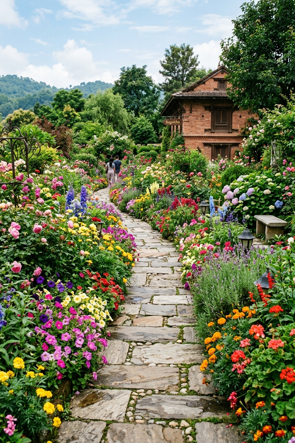 A beautiful stone walkway lined with colorful flowers at Bagaicha.
